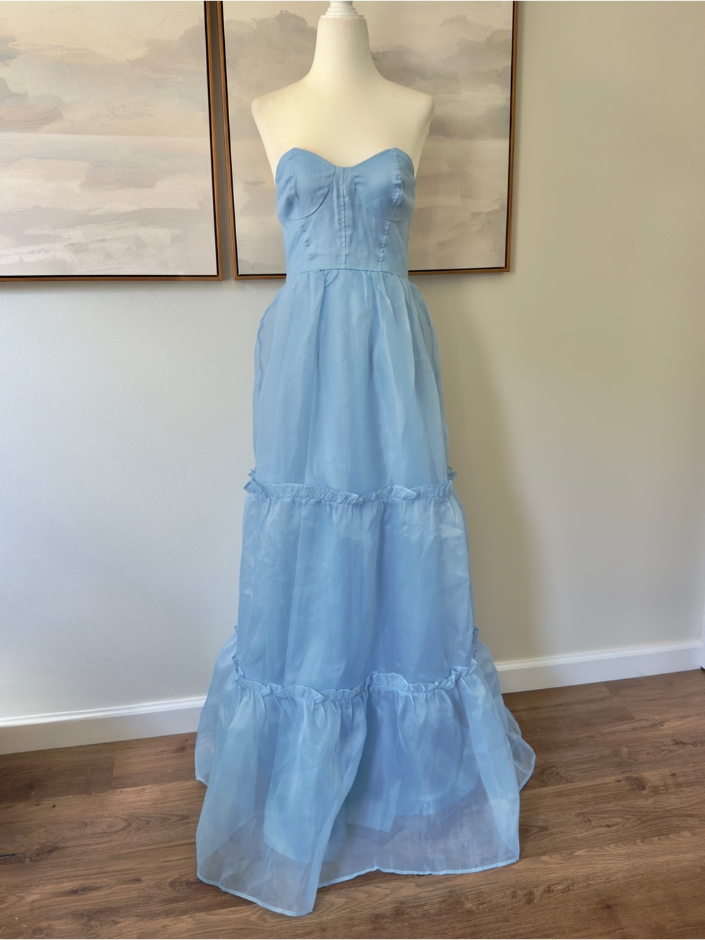 NWT Lulus Exceptional Grace Light Blue Strapless Bustier Formal Maxi Dress